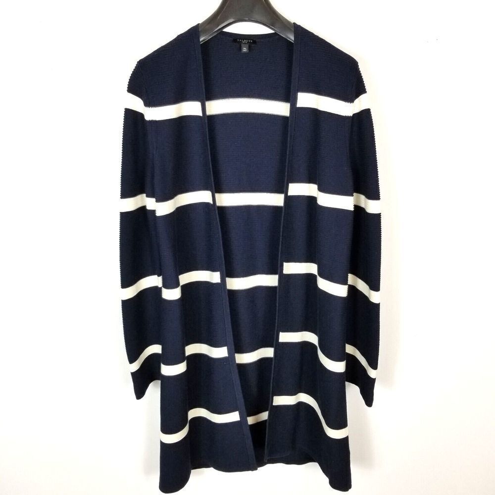 Talbots Women Open Front Cardigan Sweater Size M Petite Navy White‎ Long